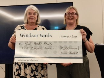 Windsor Yards presents a charity cheque to The Baby Bank
